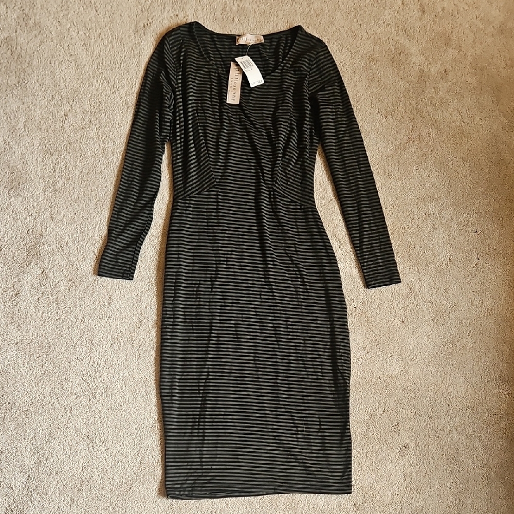 Philosophy Black and Green Striped Long-Sleeve Midi Dress